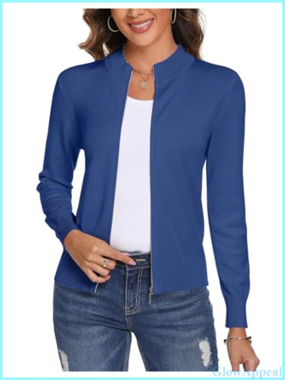 Cotton Blend Long Sleeve Zip Up Cardigan Sweater Lightweight Knit Women's